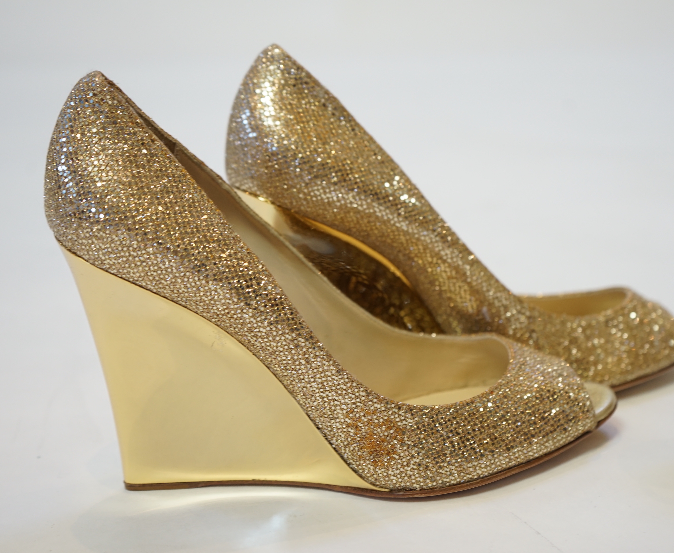 Two pairs of Jimmy Choo gold lady's heeled shoes, size EU 39